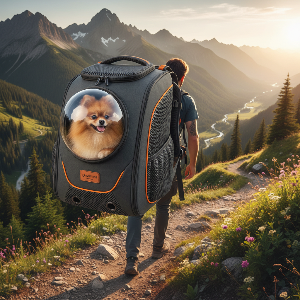 A high-resolution photograph of a modern, ergonomic dog backpack carrier being worn by a hiker on a scenic mountain trail during golden hour. A small, happy Pomeranian is visible through the large transparent window, looking at the breathtaking landscape. The backpack features breathable mesh sides and padded shoulder straps for comfort.