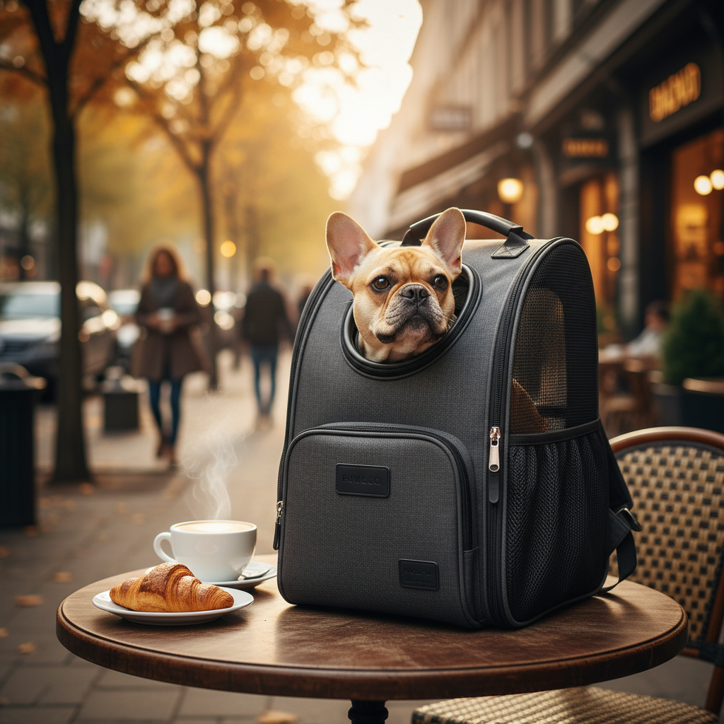 An urban lifestyle shot of a stylish, charcoal-gray pet carrier backpack placed on a wooden cafe table. A curious French Bulldog's head is peeking out from the top opening. The background is a softly blurred city street with warm sunlight filtering through autumn leaves.