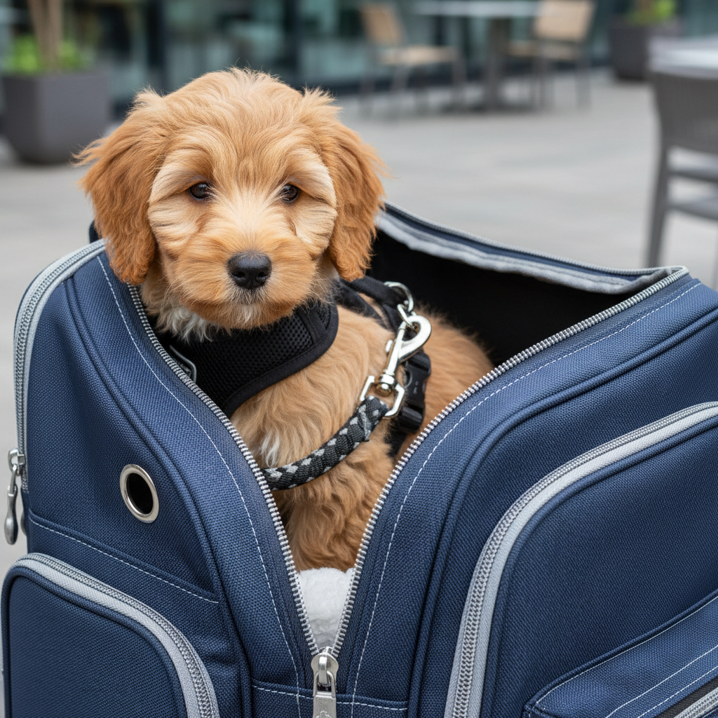 A detailed close-up of a premium dog backpack carrier's safety features, showing the internal safety leash attached to a small dog's harness. The fabric is a durable, water-resistant oxford cloth in navy blue, with high-quality zippers and reinforced stitching clearly visible.