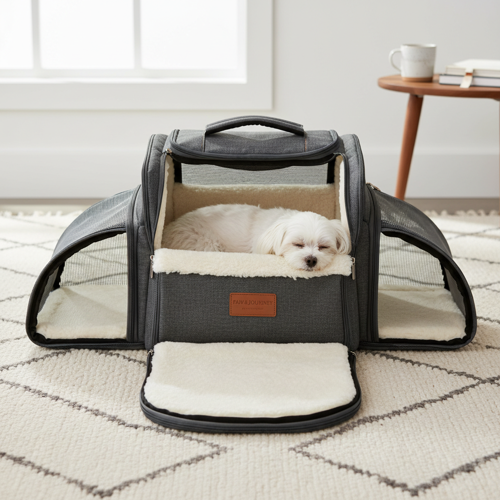 A cozy indoor scene where a soft-sided expandable dog backpack is placed on a rug. The side panels are expanded to create more space, and a sleepy Maltese is napping inside. The lighting is soft and natural, highlighting the plush interior lining of the carrier.