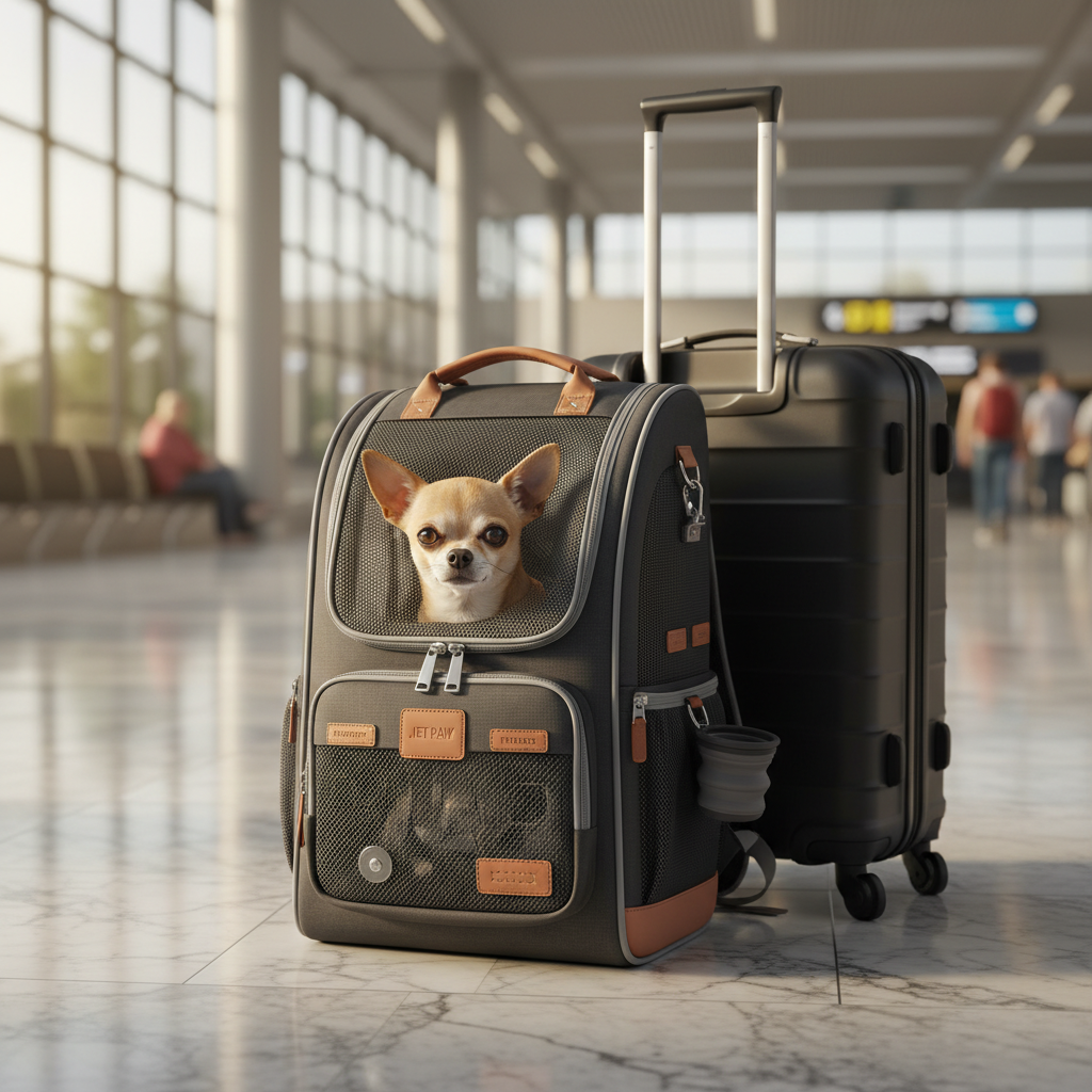 An eye-level shot of a pet carrier backpack designed for air travel, sitting on a polished airport floor next to a suitcase. A small Chihuahua is visible through the mesh, looking calm. The backpack has a trolley sleeve and multiple pockets for travel documents.