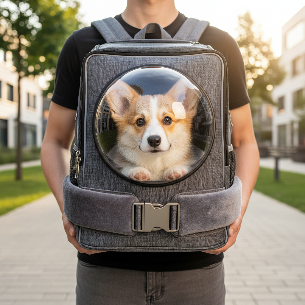 A first-person perspective shot of someone carrying a pet backpack on their front in front-facing mode. A Corgi puppy is looking up at the owner with an affectionate expression. The backpack has a wide, comfortable waist belt to distribute weight evenly and ensure stability.